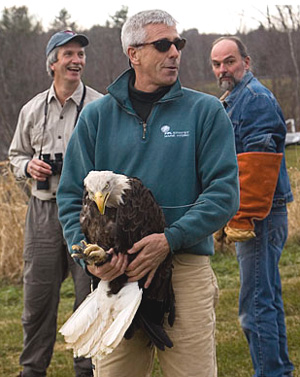 Bill with eagle, Charlie & Marc
